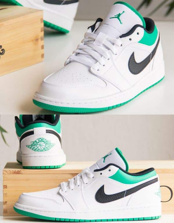 De logo's op de Nike Air Jordan 1 Low White Lucky Green