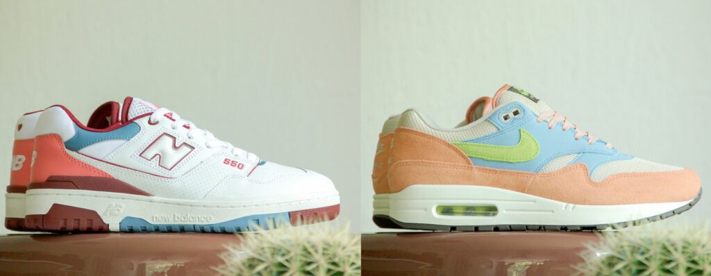 De New Balance 550 White Pink Bordeau & De Nike Air Max 1 Madder Root