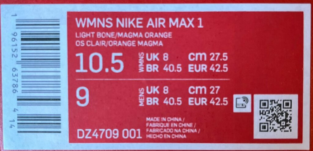 Sizetag Nike Air Max 1 Magma Orange