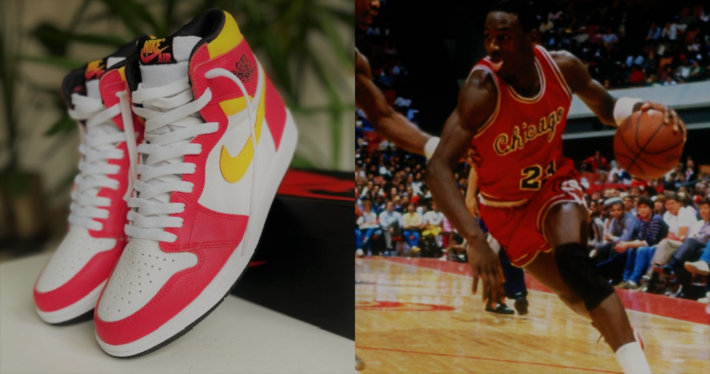 Michael Jordan in zijn eerste jaar bij de Chicago Bulls 1984 & de Nike Air Jordan 1 High Light Fusion Red