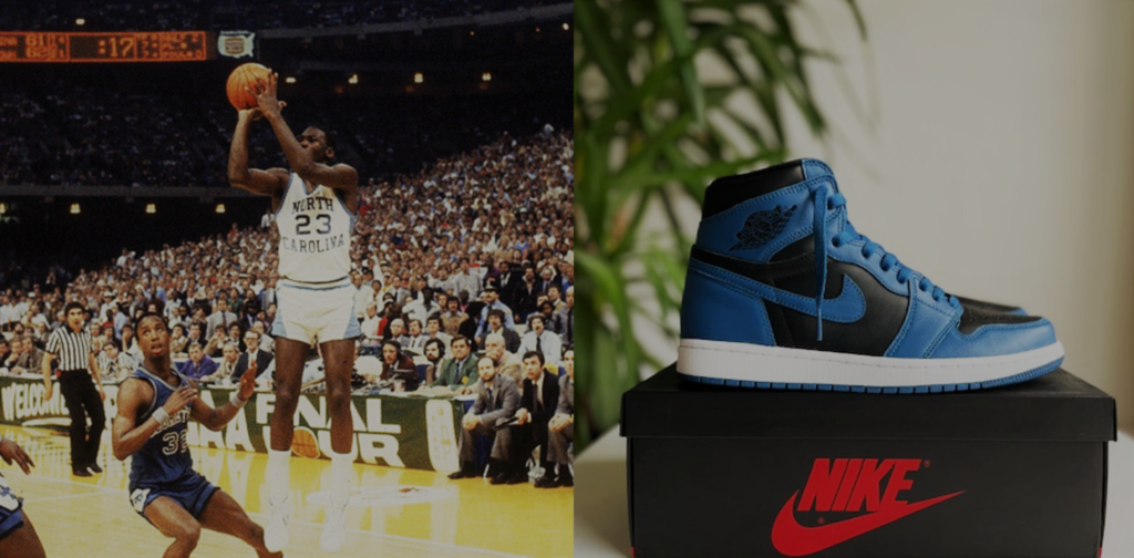 Michael Jordan met zijn winnende punt tegen Georgetown 1982 de Jordan 1 Low Marina Blue