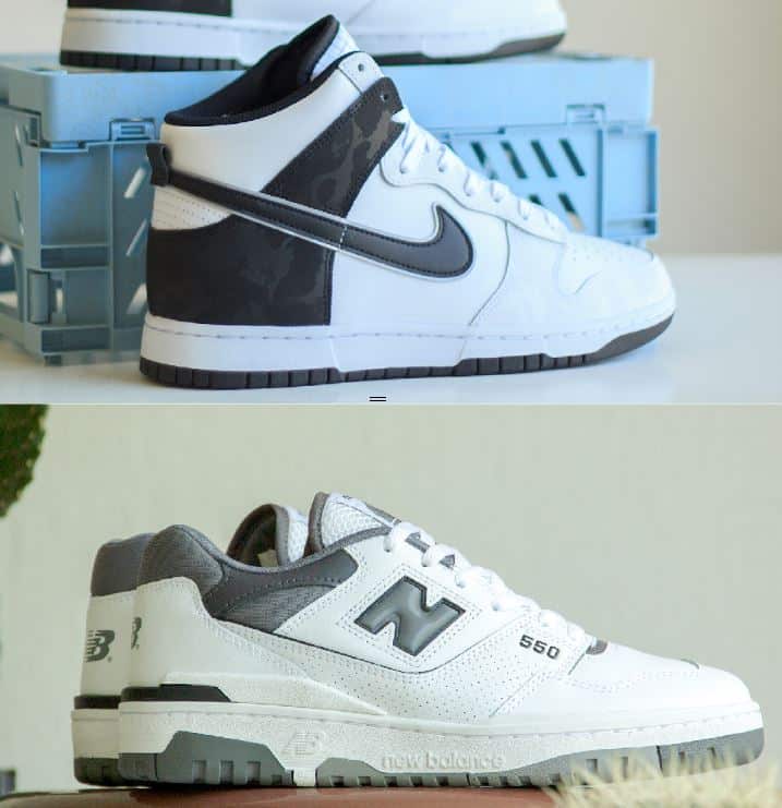 Nike Dunk High Retro SE White Black Camo & New Balance 550 White Grey Dark Grey