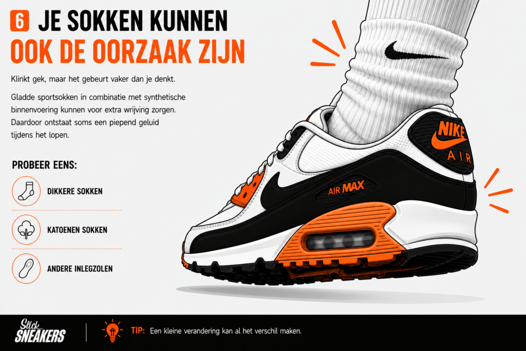 Infographic over piepende sneakers door wrijving tussen gladde sportsokken en synthetische binnenvoering, inclusief tips zoals dikkere sokken, katoenen sokken en andere inlegzolen.
