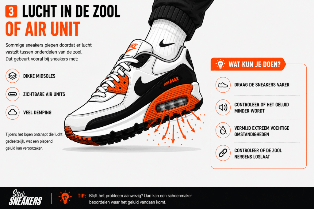 Infographic over piepende sneakers door lucht in de zool of Air Unit, inclusief oorzaken zoals dikke midsoles en zichtbare Air Units plus tips om piepende Air Max sneakers te verminderen.