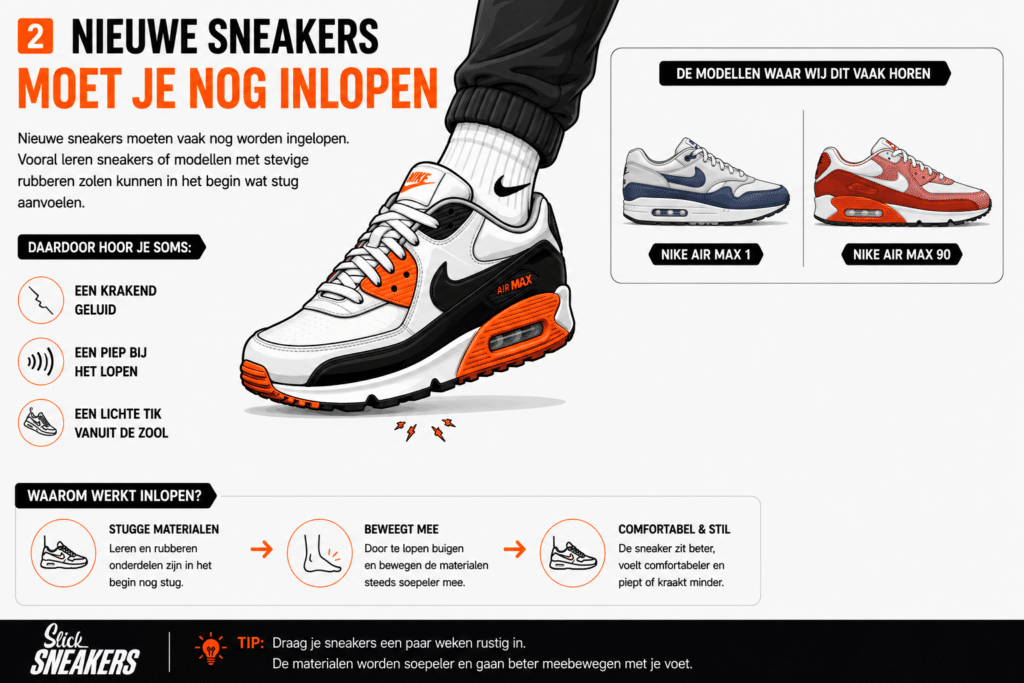 Infographic over nieuwe sneakers inlopen met uitleg waarom Nike Air Max 1 en Air Max 90 sneakers soms piepen of kraken en hoe dit vanzelf vermindert door ze rustig in te dragen.