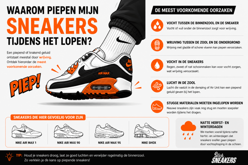 Waarom piepen sneakers tijdens het lopen? Infographic met de meest voorkomende oorzaken van piepende sneakers zoals vocht, wrijving en lucht in de zool van Air Max sneakers.