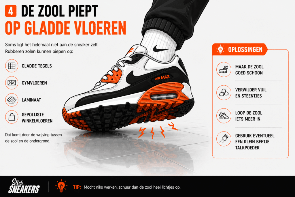 Infographic over piepende sneakers op gladde vloeren met oorzaken zoals wrijving op tegels, laminaat en gymvloeren plus oplossingen zoals de zool schoonmaken en licht opschuren.
