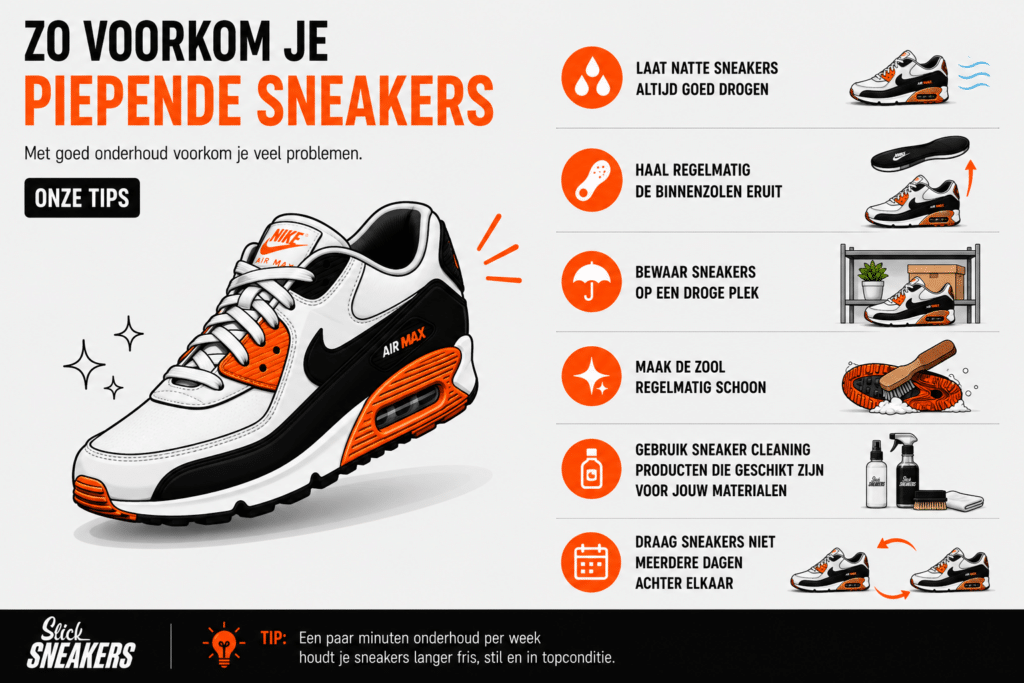 Infographic over het voorkomen van piepende sneakers met onderhoudstips zoals sneakers goed laten drogen, binnenzolen verwijderen, zolen schoonmaken en geschikte sneaker cleaning producten gebruiken.