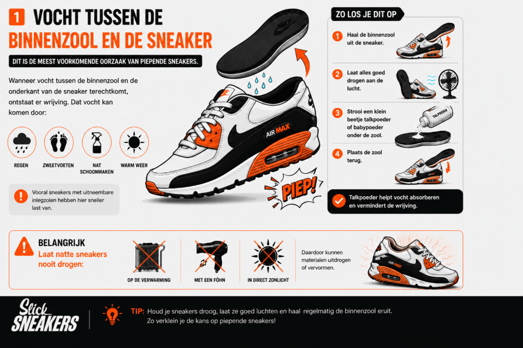 Infographic over piepende sneakers door vocht tussen de binnenzool en de sneaker, met tips zoals talkpoeder gebruiken, goed laten drogen en de binnenzool verwijderen.